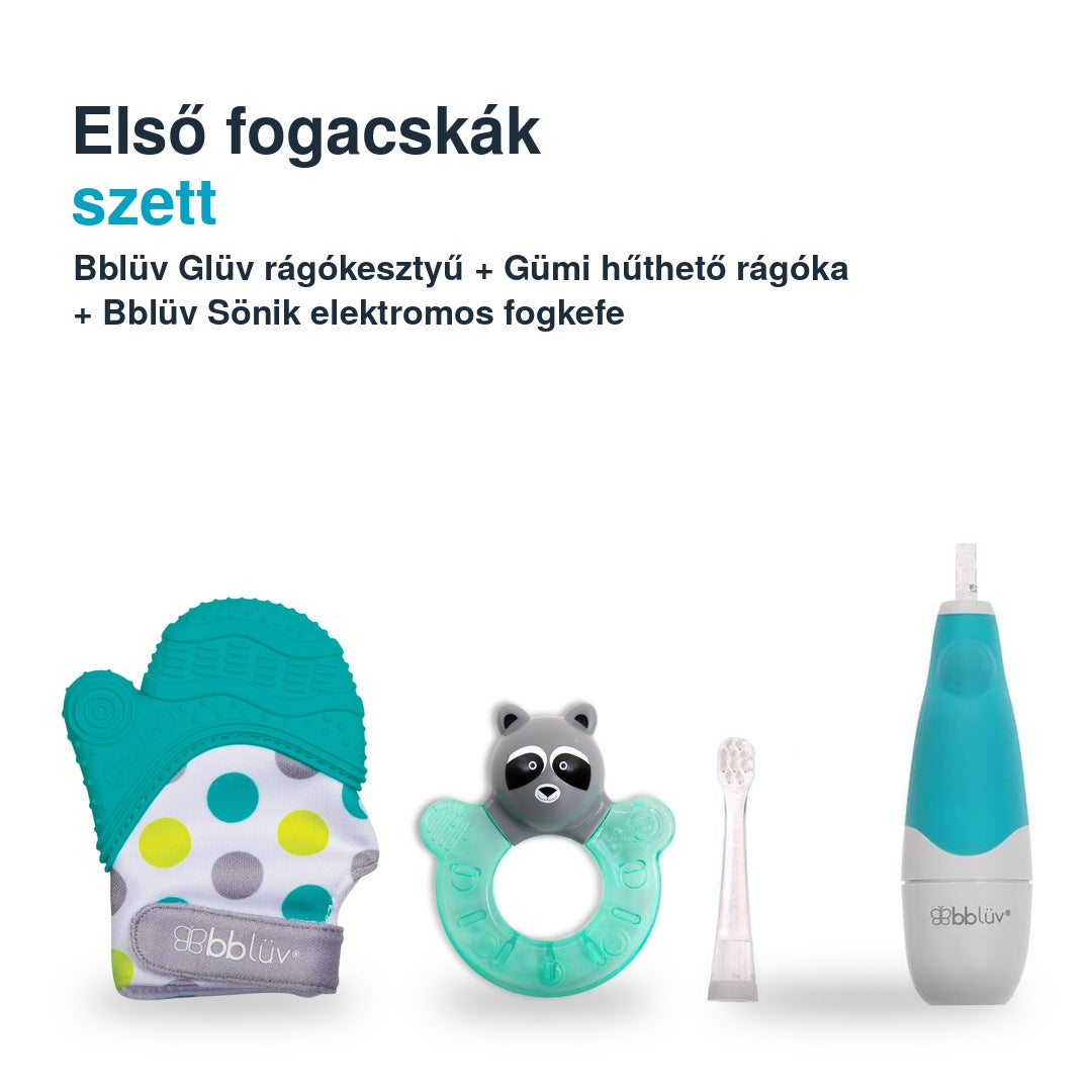 Bblüv első fogacskák szett aqua – Glüv rágókesztyű, Gümi mosómedvés hűthető rágóka és Sönik fogkefe