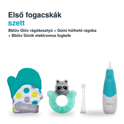 Bblüv első fogacskák szett aqua – Glüv rágókesztyű, Gümi mosómedvés hűthető rágóka és Sönik fogkefe