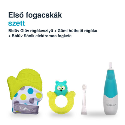 Bblüv első fogacskák szett lime – Glüv rágókesztyű, Gümi baglyos hűthető rágóka és Sönik fogkefe