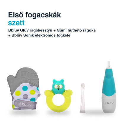 Bblüv első fogacskák szett szürke – Glüv rágókesztyű, Gümi baglyos hűthető rágóka és Sönik fogkefe